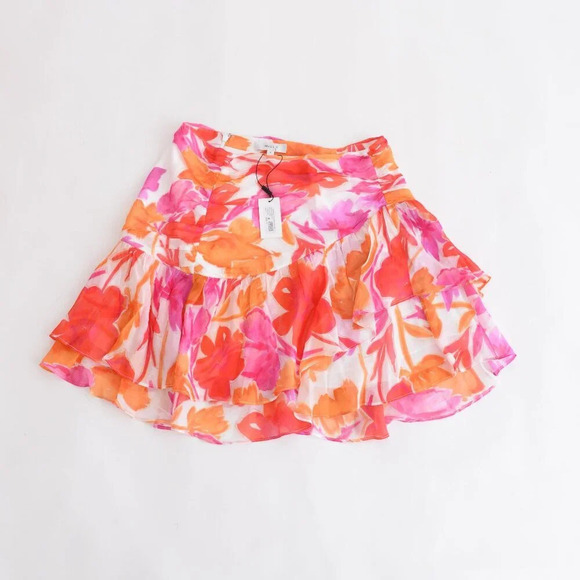 Milly Mira Paper Ruffled Floral Peony Mini Skirt In Orange Multi 8  NWT - Picture 1 of 14